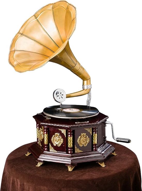 Grammofoon - Platenspeler - Antiek - rond - goudkleurig - 65cm hoog Werkt Echt