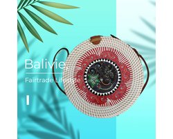 Balivie - Tas - Schoudertas - Dames - Crossbody tas - Rattan - Kleur wit - Rond - Diameter 20 cm - Houtenpaneel met fijn kleurrijk schilderwerk - Schelpenparelmoer - Druksluiting - Verstelbaar leren hengsel - Batik binnenvoering