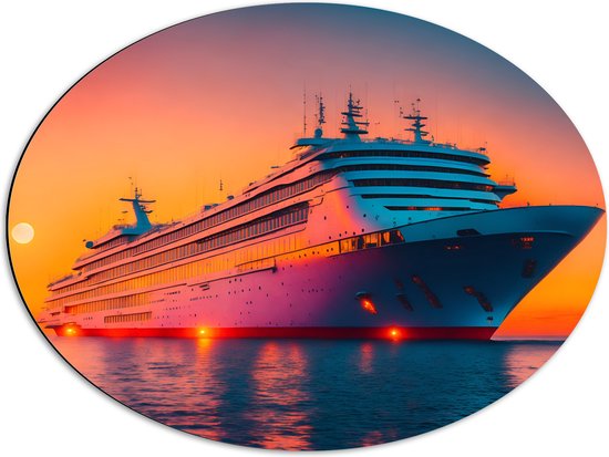 Dibond Ovaal - Enorm Cruiseschip Varend over het Water tijdens Zonsondergang - 68x51 cm Foto op Ovaal (Met Ophangsysteem)