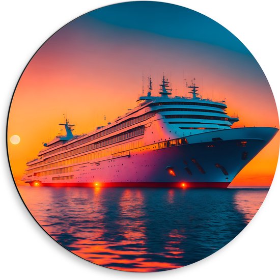 Dibond Muurcirkel - Enorm Cruiseschip Varend over het Water tijdens Zonsondergang - 50x50 cm Foto op Aluminium Muurcirkel (met ophangsysteem)