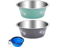 Hondenbak 2 stuks, RVS voerbak met antislip siliconen bodem, drinkbak en voerbak voor kleine, middelgrote en grote honden en katten (860ml)