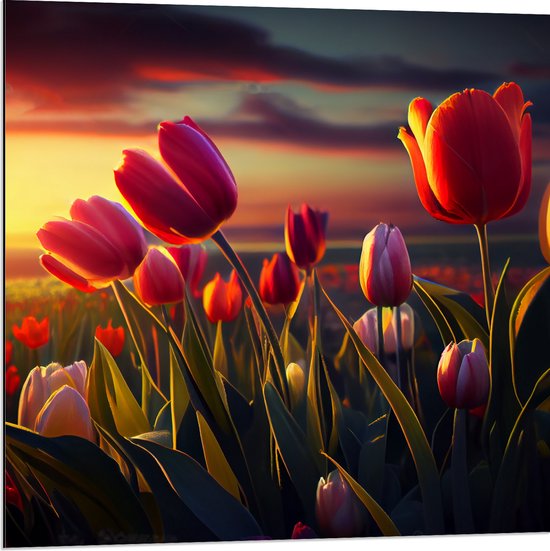 Dibond - Kleurrijke Tulpen in Bloemenveld - 80x80 cm Foto op Aluminium (Met Ophangsysteem)