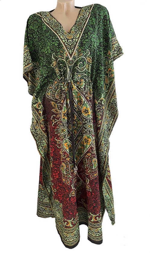 Kaftan - Jurk 130CM lang Paisleyprint Kleuroverloop met aantrekkoord One size groen/rood