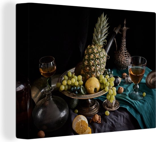 Canvas Schilderij Fruit - Wijn - Stilleven - 80x60 cm - Wanddecoratie