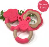 Bo Jungle - Houten speelgoed met silicone voor baby - Bij doorkomende tandjes - Bijtring met diertjes en bloem - Kraamcadeau - Voordeelpakket 6 Set van 3 bijtringen Roze