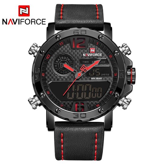 NAVIFORCE horloge voor mannen, met zwarte lederen polsband, zwarte uurwerkkast en zwarte wijzerplaat ( model 9134 BRB ), verpakt in mooie geschenkdoos