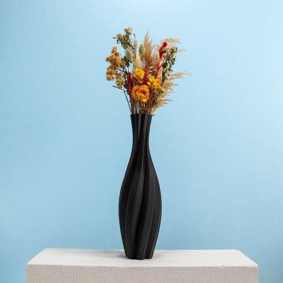 Slimprint Vloervaas TWIST, Mat Zwart, 18.2 x 60 cm, Hoge Decoratieve Vaas voor Droogbloemen, Gerecycled Kunststof