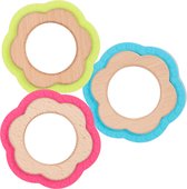 Bo Jungle - Houten speelgoed met silicone voor baby - Bij doorkomende tandjes - Bijtring - Kraamcadeau - Voordeelpakket 4 Set van 3 bijtringen Flower