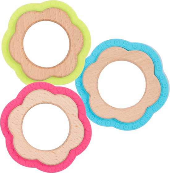 Bo Jungle - Houten speelgoed met silicone voor baby - Bij doorkomende tandjes - Bijtring - Kraamcadeau - Voordeelpakket 4 Set van 3 bijtringen Flower