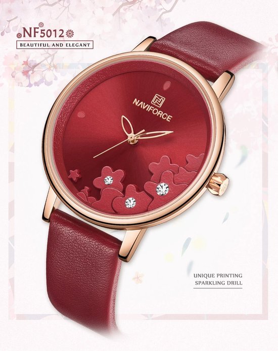 NAVIFORCE horloge met rode lederen polsband, rode wijzerplaat en rose gouden...