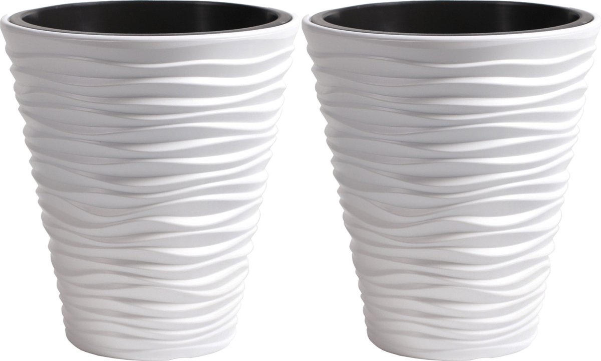 Prosperplast Plantenpot Sand Dunes - 2x - buiten/binnen - kunststof - wit - D30xH33 cm - bloempot met binnenpot
