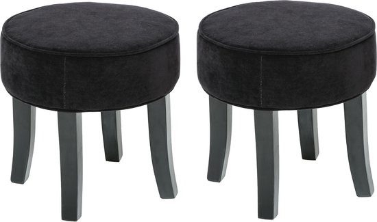 Atmosphera Zit krukje/bijzet stoel - 2x - hout/stof - zwart fluweel - D35 x H40 cm