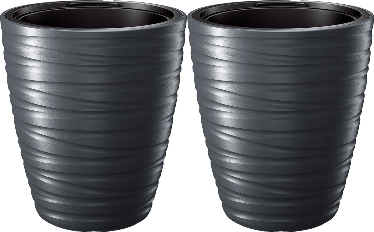 Prosperplast Plantenpot/bloempot Amazing - 2x - buiten/binnen - kunststof - antraciet - D37 x H42 cm - met binnenpot