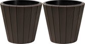 Prosperplast Cache-pot/pot de fleurs Wood Style - 2x - extérieur/intérieur - plastique - marron foncé - D49 x H45 cm