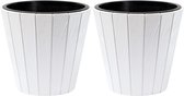 Prosperplast Cache-pot/pot de fleurs Wood Style - 2x - extérieur/intérieur - plastique - blanc - D40 x H37 cm