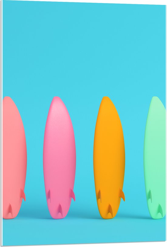 Acrylglas - Koraal, Roze, Gele en Groene Surfplanken tegen Blauwe Achtergrond - 60x90 cm Foto op Acrylglas (Wanddecoratie op Acrylaat)