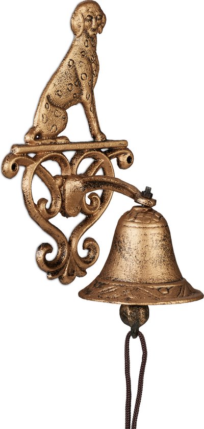 Relaxdays sonnette en fonte - cloche d'extérieur avec chien - cloche avec battant - cloche de jardin antique - or