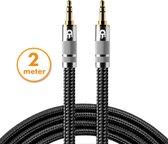 Premium AUX Kabel 3.5 mm - Nylon Audio Kabel - Gold Plated - Male to Male - Zilver - 2 meter