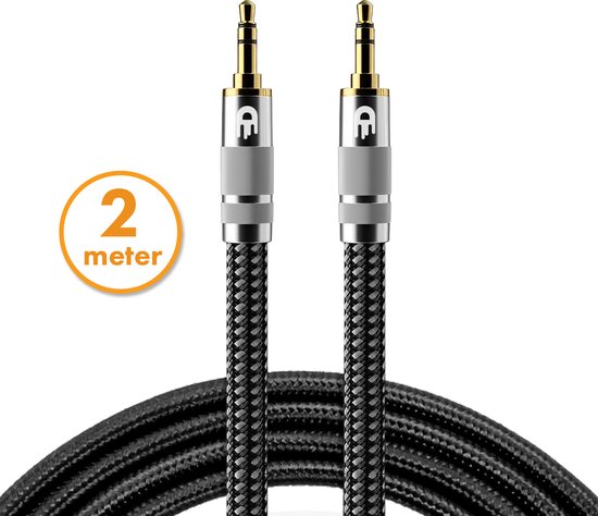 Premium AUX Kabel 3.5 mm - Nylon Audio Kabel - Gold Plated - Male to Male - Zilver - 2 meter