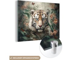 Glasschilderij - Tijger - Bloemen - Blinder - Dieren - Natuur - Glasplaat - Foto op glas - Glasschilderijen woonkamer - Schilderij op glas - 120x90 cm - Muurdecoratie - Wanddecoratie - Slaapkamer - Kamer decoratie