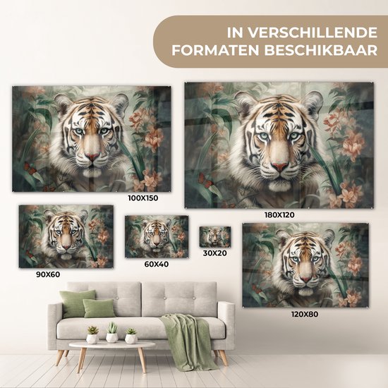 Glasschilderij - Tijger - Bloemen - Blinder - Dieren - Natuur - Glasplaat - Foto op glas - Glasschilderijen woonkamer - Schilderij op glas - 120x80 cm - Muurdecoratie - Wanddecoratie - Slaapkamer - Kamer decoratie