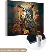 MuchoWow® Glasschilderij 160x120 cm - Schilderij acrylglas - Uil - Vogel - Bloemen - Planten - Botanisch - Foto op glas - Schilderijen