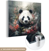MuchoWow® Glasschilderij 90x90 cm - Schilderij acrylglas - Panda - Wilde dieren - Bloemen - Natuur - Foto op glas - Schilderijen
