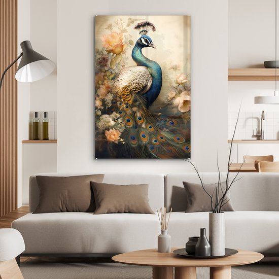 MuchoWow® Peinture sur verre - Paon - Plumes de paon - Fleurs - Vogels - Botanique - 80x120 cm - Peintures sur verre acrylique - Photo sur Glas