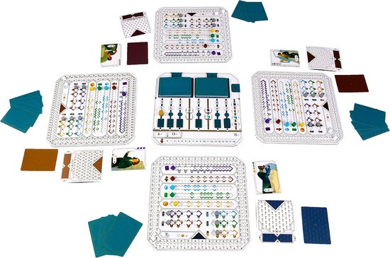 Volledige opstelling van het bordspel 'The Great Split' met alle componenten verspreid.