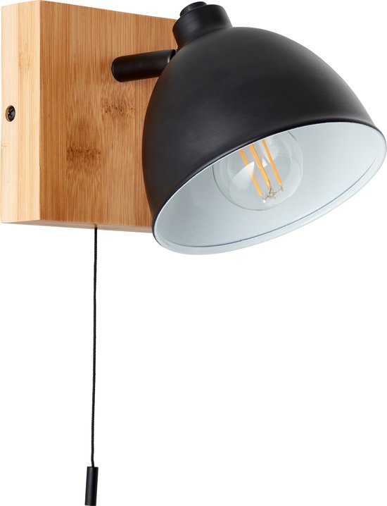 Brilliant Celia wandlamp mat zwart/bamboe metaal/bamboe schakelaar trekken 1x D45, E14, 28 W, Geschikt voor hanglamp (niet inbegrepen)