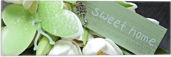 Vlag - Bloemen - Tulpen - Wit - Groen - Bordje - tekst - Vlinder - Sleutel - 60x20 cm Foto op Polyester Vlag