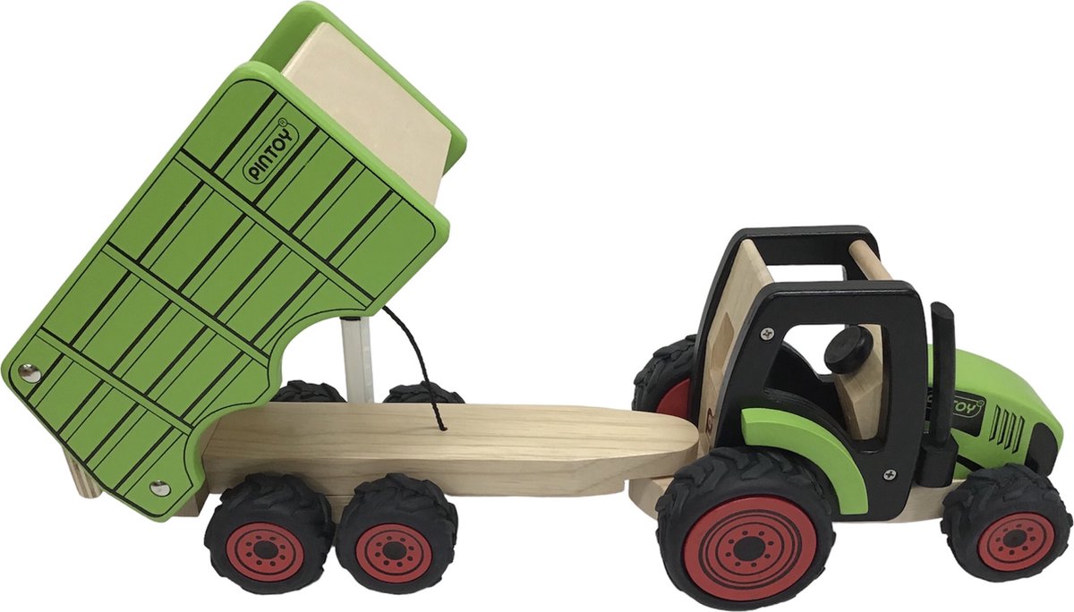 Goki Tracteur vert avec remorque - Jouet en bois