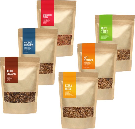 Zes verpakkingen granola: Strawberry Quinoa, Coconut Cinnamon, Double Chocolate, Nuts & Seeds, Nuts & Chocolate, Extra Seeds.