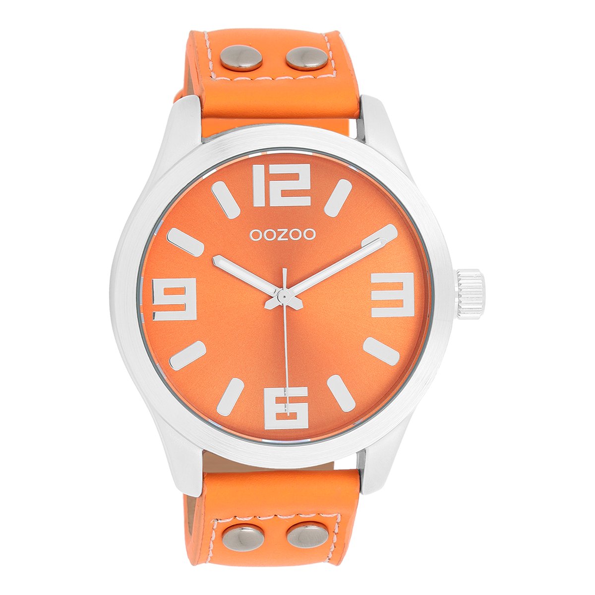 OOZOO Timepieces - Zilverkleurige OOZOO horloge met fluo oranje leren band - C1072