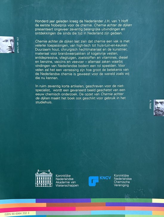 Dos du livre avec texte et images de J.H. van 't Hoff et A. Nobel. À gauche, un logo de l'Académie royale néerlandaise des sciences.