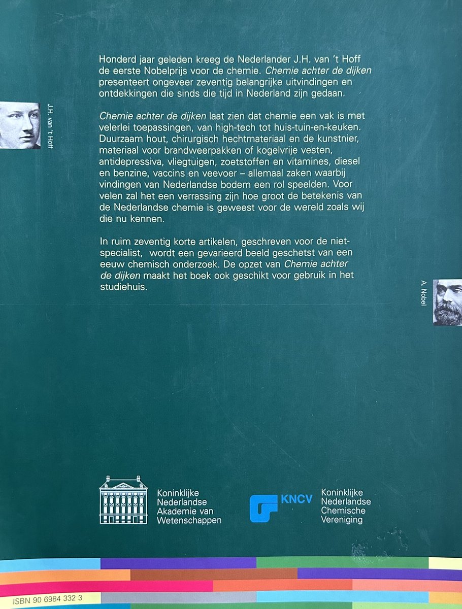 Dos du livre avec texte et images de J.H. van 't Hoff et A. Nobel. À gauche, un logo de l'Académie royale néerlandaise des sciences.