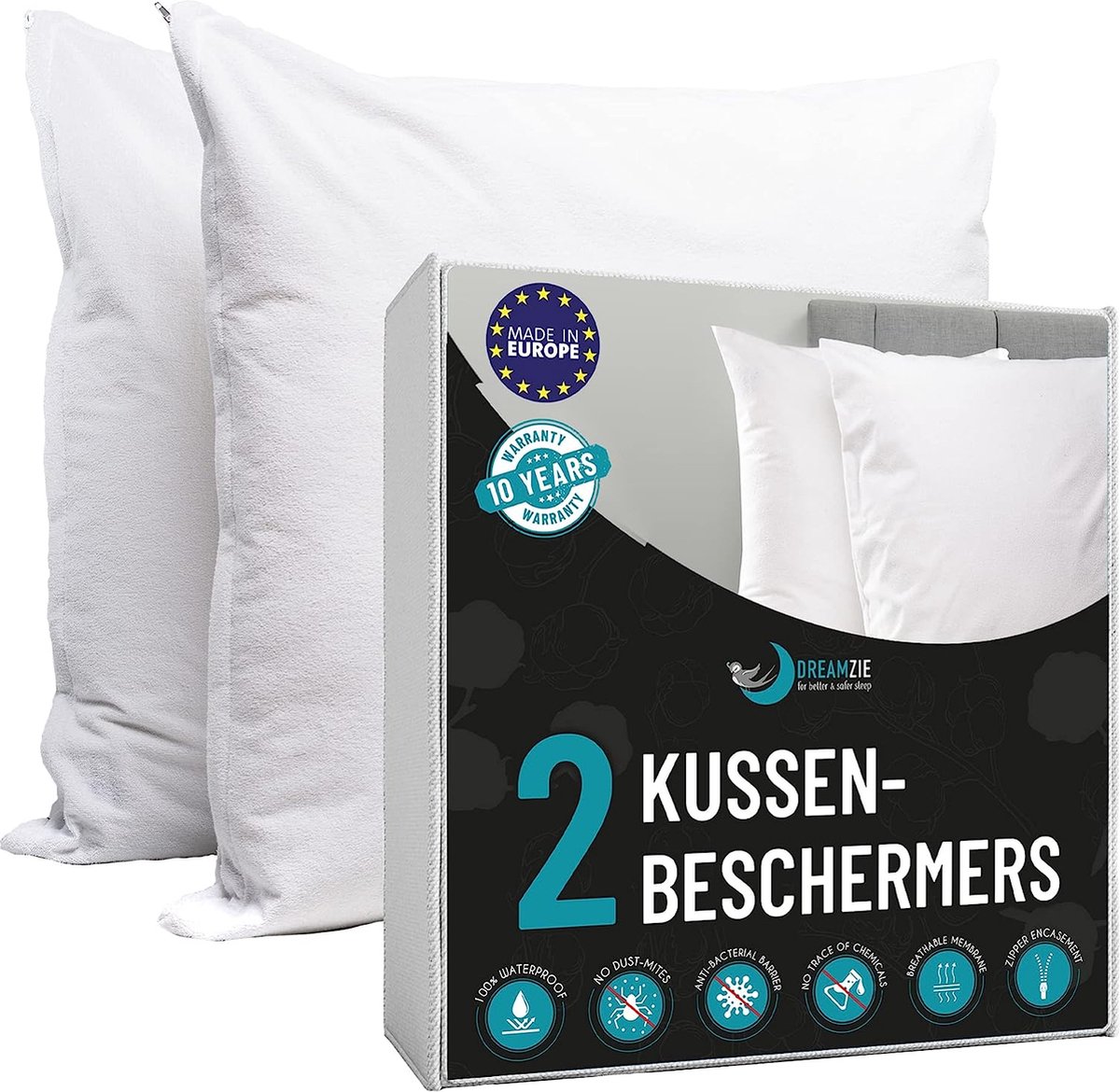 2x Waterdichte kussenovertrekkenvan Dreamzie - Voor Kussens 80 x 80 cm - Ademend, Hypoallergeen, Anti-Dust Mite, Anti-Bacteriële Kussenbeschermers - New Generation BiOme Treatment met OEKO-TEX, 10 Jaar Garantie
