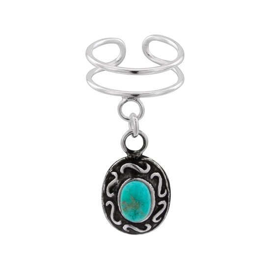 Oorbellen | Ear Cuff | Zilveren ear cuff met hanger, bewerkte ovaal met turquoise steen