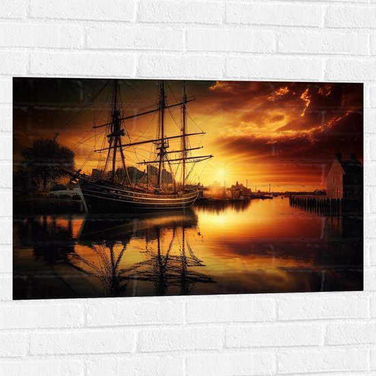 Muursticker - Zonnestralen van Zonsondergang op Zeilschip op het Water - 90x60 cm Foto op Muursticker