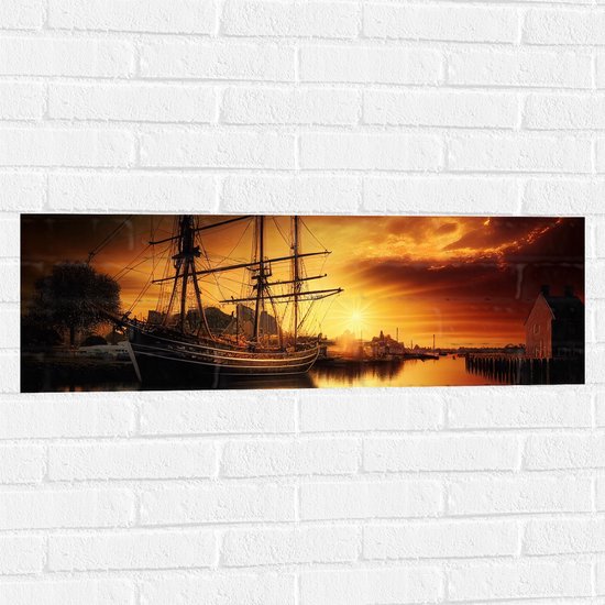 Muursticker - Zonnestralen van Zonsondergang op Zeilschip op het Water - 90x30 cm Foto op Muursticker