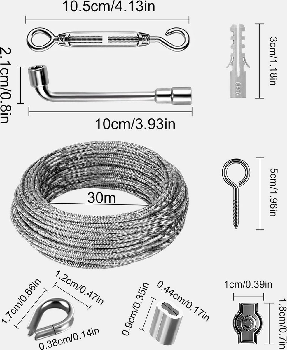 Cable Acier Inox Kit Câble Acier Inox 3mm 30m Avec Accessoires - Tendeur, Pitons Et Serre-Câble Pour Jardin Bricolage Extérieur