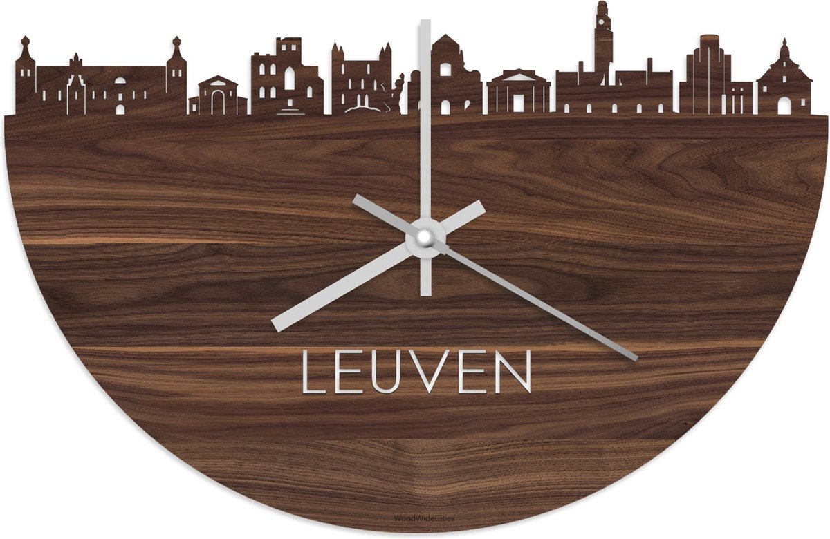 Skyline Klok Leuven Notenhout - Ø 40 cm - Stil uurwerk - Wanddecoratie - Meer steden beschikbaar - Woonkamer idee - Woondecoratie - City Art - Steden kunst - Cadeau voor hem - Cadeau voor haar - Jubileum - Trouwerij - Housewarming - WoodWideCities