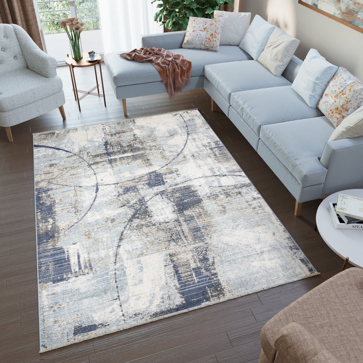 Tapiso Rivoli Vloerkleed Blauw Grijs Laapgolig Kleed Maat- 120x170 Grijs 4