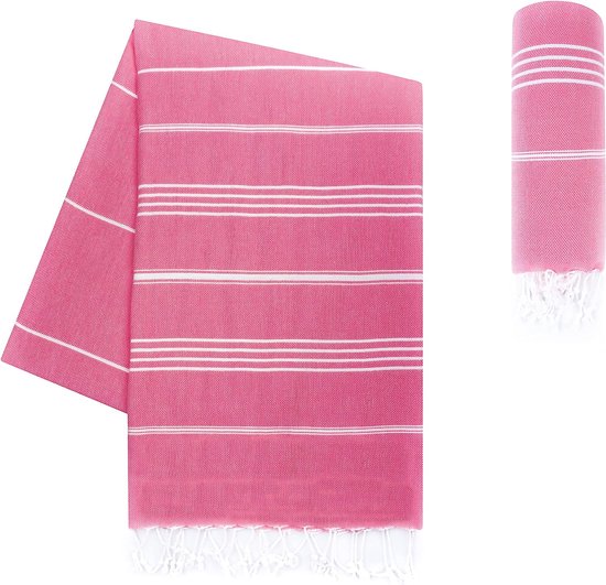 Premium fouta hammam handdoek met handgeknoopte franjes - 100% katoen XXL hamamdoek 100x200 cm - OEKO-TEX 100 pestemal strandlaken - saunahanddoek & strandlaken (Roze)