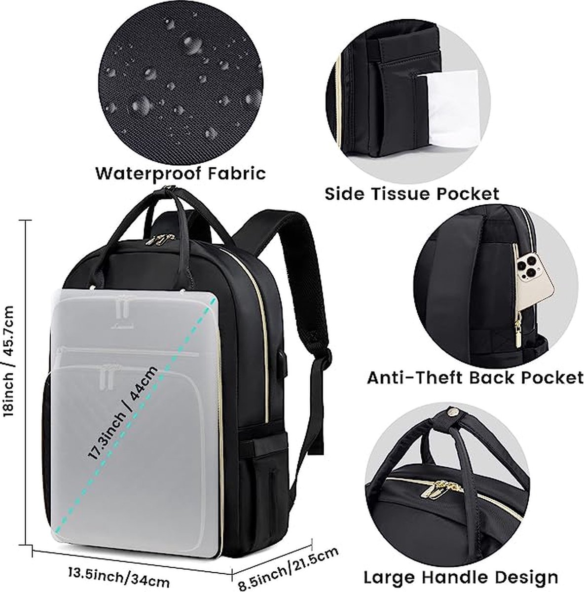 Sac à Dos RJEU USB - Pour Ordinateur Portable Jusqu'à 17,3 Pouces, Port De Charge Et Prise Casque, Voyage, école, Bureau