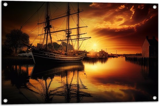 Tuinposter – Zonnestralen van Zonsondergang op Zeilschip op het Water - 90x60 cm Foto op Tuinposter (wanddecoratie voor buiten en binnen)