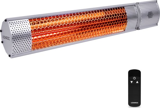 VONROC Sfeervolle terrasverwarmer – Marsili 2000W – Hoog rendement – Zilver - Low Glare lamp – 2 Warmteniveaus – Met afstandsbediening