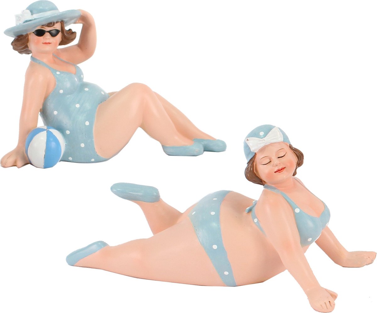 Woonkamer decoratie beeldjes set 2 dikke dames - blauw badpak - 17 cm