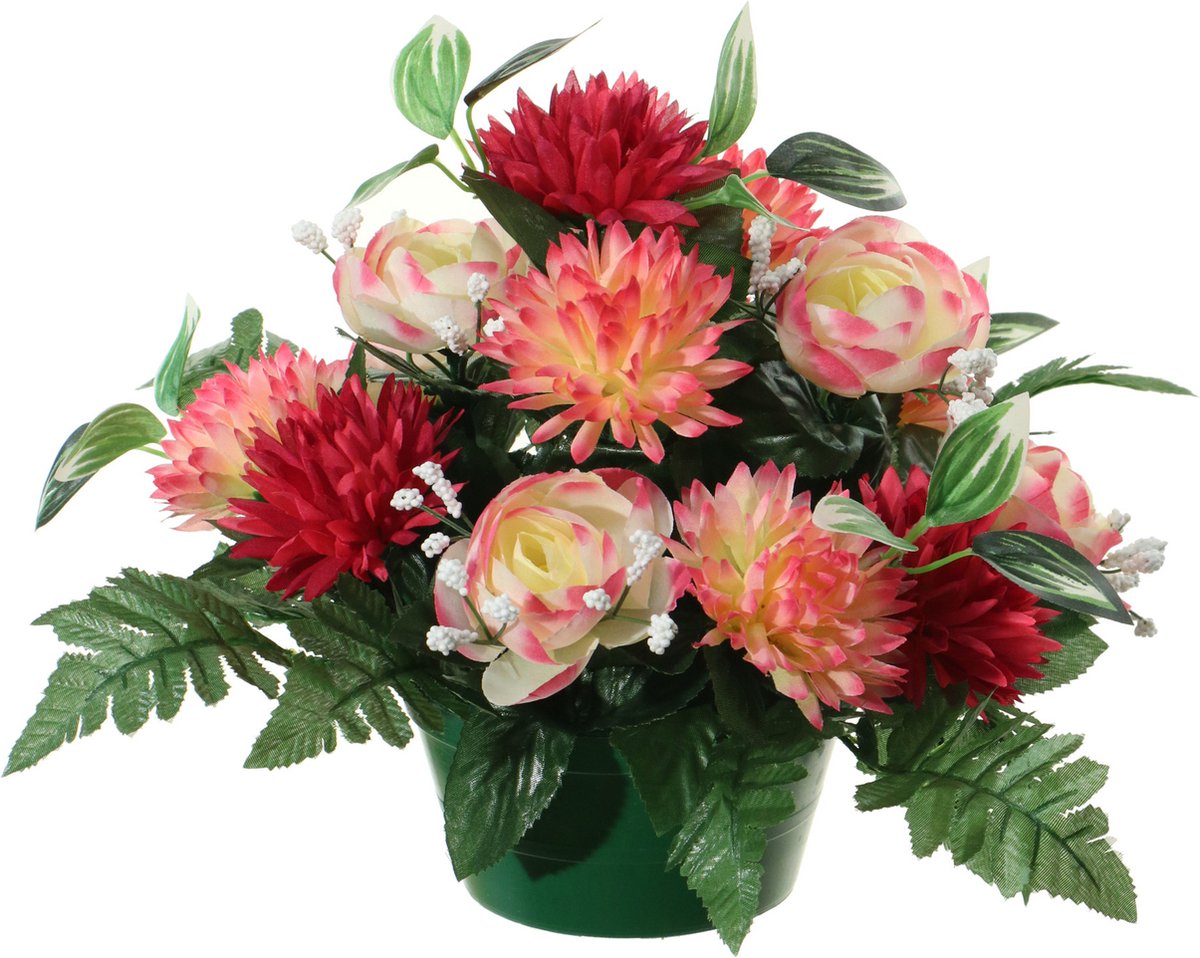 Louis Maes Kunstbloemen plantje in pot - multi kleuren - 25 cm - Bloemstuk ornament - ranonkels/asters met bladgroen