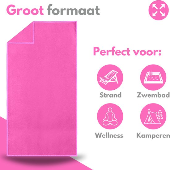 Grote roze VAIVE microvezel handdoek met een roze rand. Perfect voor strand, zwembad, wellness en kamperen.